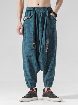 Chinese Style Men's Patchwork Harem Pants with Decorative Belt