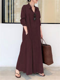 Minimalist Lapel Collar Long Sleeve Pocket Maxi Shirt Dress