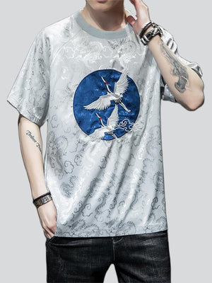 White Crane Embroidery Summer Round Neck T-shirt for Men