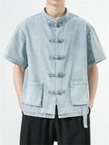 Summer Denim Short Sleeve Tang Suit Shirt for Men