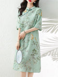 Lady Loose Cheongsam Temperament Printed Stand Collar Dress