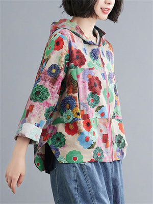 Female Large Size Printed Zipper Hooded Short Jackets