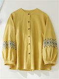 Women's Ethnic Embroideried Lantern Sleeve Stand Collor Button Linen Shirt