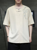 Male Bamboo Embroidered Half Sleeve Metal Button Shirt