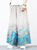 Men's Unique White Crane Landscape Print Wide-Leg Pants