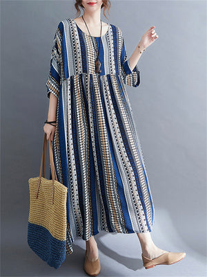 Vintage Stripe Crew Neck Beach Maxi Dresses for Women