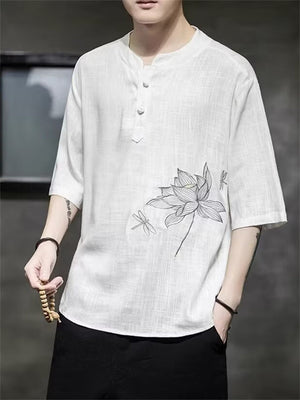 Lotus Flower Dragonfly Embroidered Men's Half Sleeve Shirts