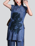 Denim Blue Phoenix & Pine Embroidered Shirt for Women