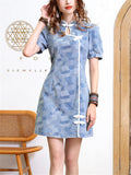 Summer Cozy Slim Fit Knee Length Blue Denim Dress for Women