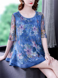 Elegant Round Neck Floral Print Smooth Chiffon Shirt for Lady