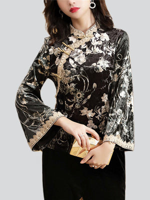 Flower Printed Lace Hem Velvet Shirt for Women