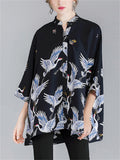 Women's Crane Floral Printing 3/4 Sleeve Oversized Shirts