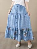 Women's Gentle Polka Dot Flower Print Pleated Denim Skirt