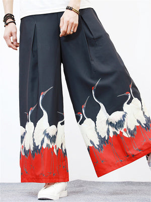 Men's Unique White Crane Landscape Print Wide-Leg Pants