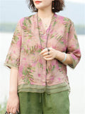 Female Cozy Cotton Linen V-neck Half Sleeve Floral Shirt