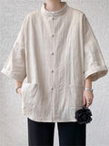 Chinese Vintage Stand Collar Knot Button Oversized Shirt for Men