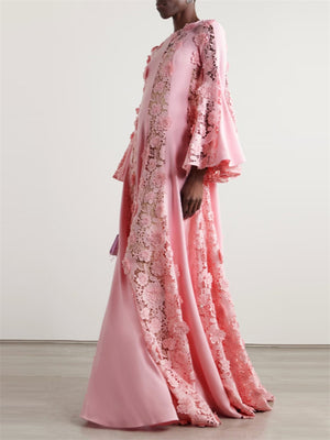 Pink Lace Floral Embroidery Flare Sleeve Maxi Dress for Women