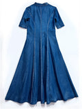 Women's Ethnic Style Hand-Embroidered A-Line Blue Denim Dress