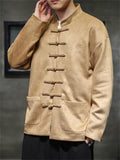 Men's Unique Hanzi Embroidery Knot Button Faux Suede Jacket