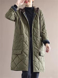 Ladies Rhombus Warm Spliced Cotton Coats Mid-length Hooded Jackets