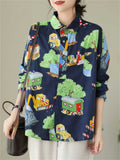 Retro Fun Cartoon Print Long Sleeve Shirt for Women