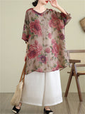 Retro Casual Flower Print Half Sleeve V Neck Shirt for Lady