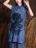 Denim Blue Phoenix & Pine Embroidered Shirt for Women