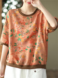 Women's Linen Silky Round Neck Short Sleeve Print Shirt