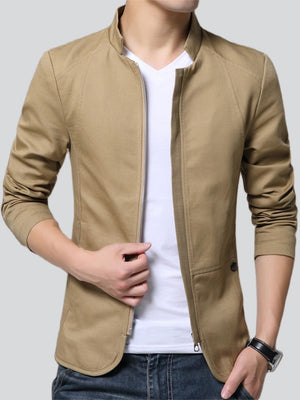 Plain Stand Collar Slim Fit Zipper Jacket for Men