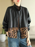 Retro Leopard Print & Black Patchwork PU Leather Jacket for Women