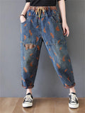 Women's Orange Feather Chic Splicing Blue Denim Pants