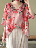 Beautiful Plum Blossom Print V Neck Short Sleeve Shirt for Women