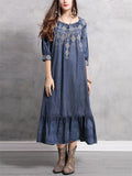 Women's Diamond Embroidery Half Sleeve Ruffle Blue Denim Dress