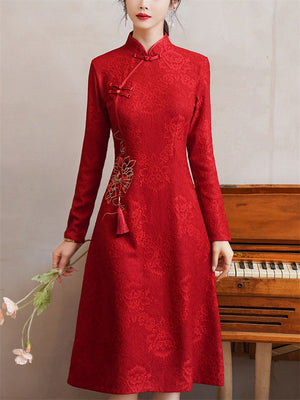 Female Oblique Placket Back Zip Cheongsam Dress