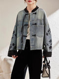 Women's Flower Embroidery Tassel Button Denim Jacket