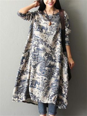 Women's Ethinc Style Print Crew Neck Long Sleeve Autumn Dress