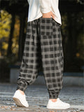 Men's Plaid Corduroy Patch Pockets Drawstring Casual Pants