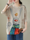 Women's Rabbit Bird Cartoon Print Hollow Breathable Shirt