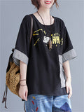 Women's Summer Letter Print Plaid Patch Pocket T-shirt