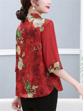 Women's Summer Elegant Peony Print Half Sleeve Shirt