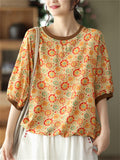 Women's Linen Silky Round Neck Short Sleeve Print Shirt