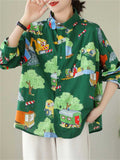 Retro Fun Cartoon Print Long Sleeve Shirt for Women