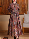 Female Lapel Long Sleeve Retro Print Pleated Long Dress