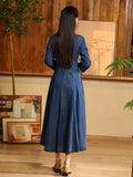 Women’s Autumn Elegant V-Neck Embroidery Denim Pleated Dress