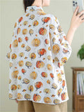 Cute Pumpkin Print Short Sleeve Button Shirt for Women