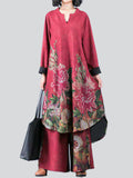 Beautiful Peony Print V Neck Long Sleeve Shirt + Loose Pants