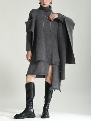 Vogue Turtleneck Irregular Hem Cape + Knitted Dress for Women