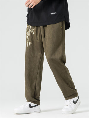 Men's Retro Gold Bamboo Leaf Embroidery Faux Suede Trousers