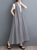 Female V-Neck White Collar Sleeve Trim Striped Dresses