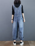 Women's Leisure U Neck Washed Straight Leg Denim Overalls